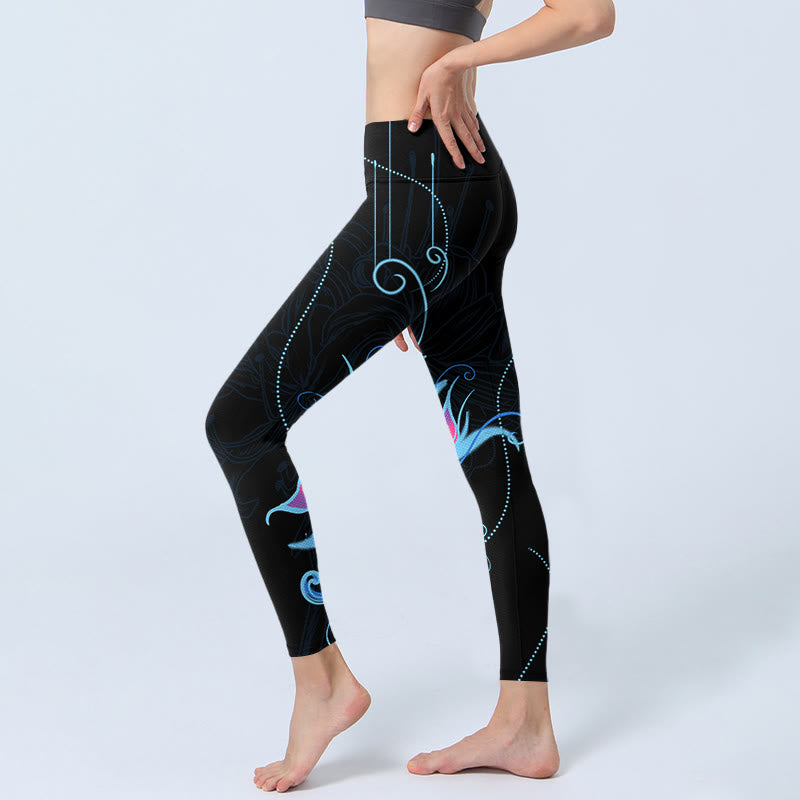 Leggings fitness da donna con stampa di fiori rosa blu e Buddha Stones, pantaloni da yoga - image 3
