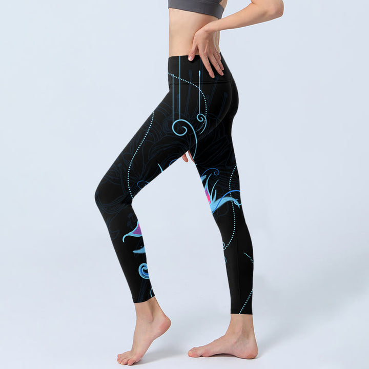 Leggings fitness da donna con stampa di fiori rosa blu e Buddha Stones, pantaloni da yoga - image 3