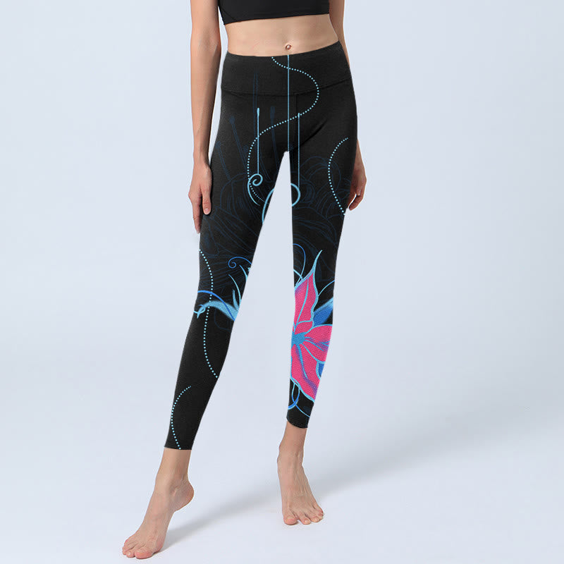Leggings fitness da donna con stampa di fiori rosa blu e Buddha Stones, pantaloni da yoga - image 7