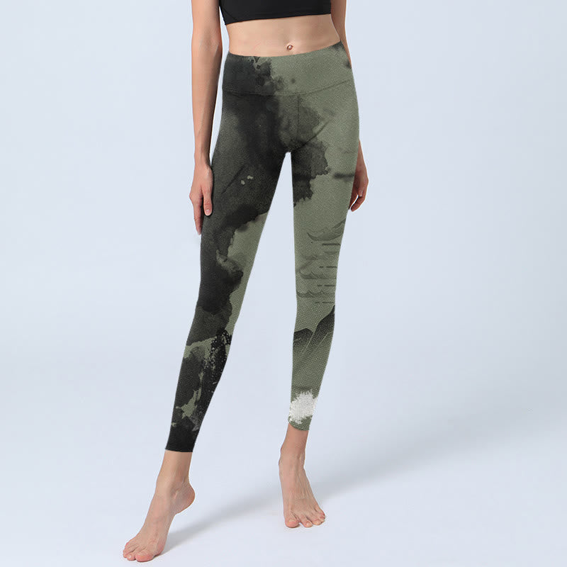Leggings fitness da donna con stampa a inchiostro Buddha Stones Mountain Pavilion e pantaloni da yoga - image 7