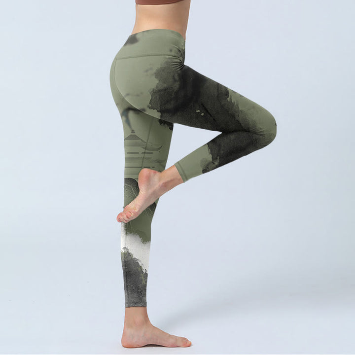 Leggings fitness da donna con stampa a inchiostro Buddha Stones Mountain Pavilion e pantaloni da yoga - image 4