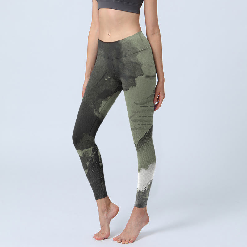 Leggings fitness da donna con stampa a inchiostro Buddha Stones Mountain Pavilion e pantaloni da yoga - Grigio - US18, UK/AU22, EU50 (4XL) - image 1