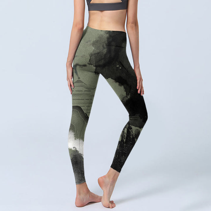 Leggings fitness da donna con stampa a inchiostro Buddha Stones Mountain Pavilion e pantaloni da yoga - image 5