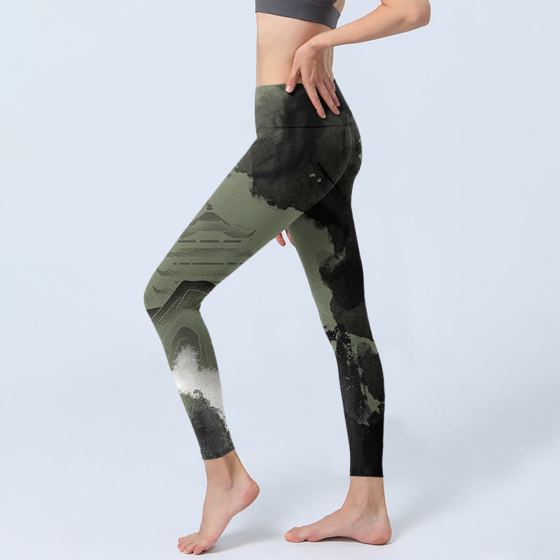 Leggings fitness da donna con stampa a inchiostro Buddha Stones Mountain Pavilion e pantaloni da yoga - image 3
