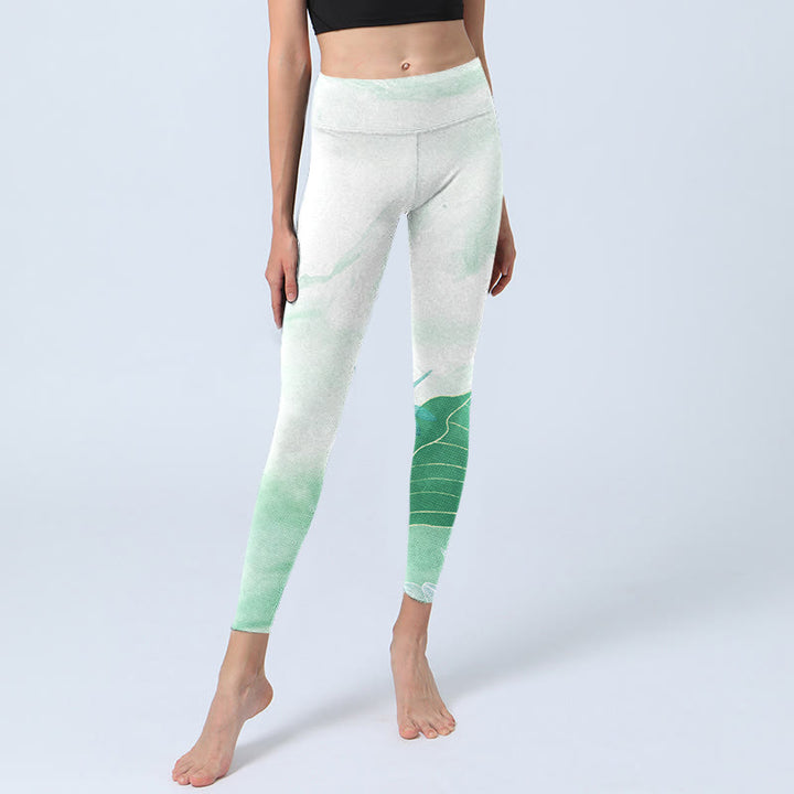 Leggings da yoga da donna con stampa di libellule e foglie di loto verde menta Buddha Stones - image 5