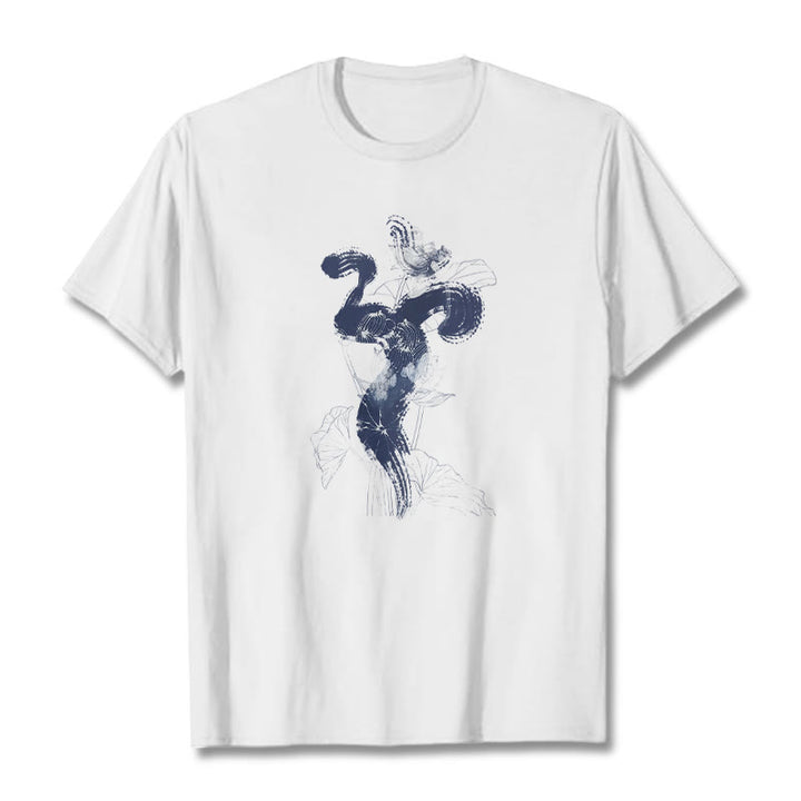 Buddha Stones Maglietta in cotone con sfondo di fiori di loto OM - Bianco - 2XL - image 0