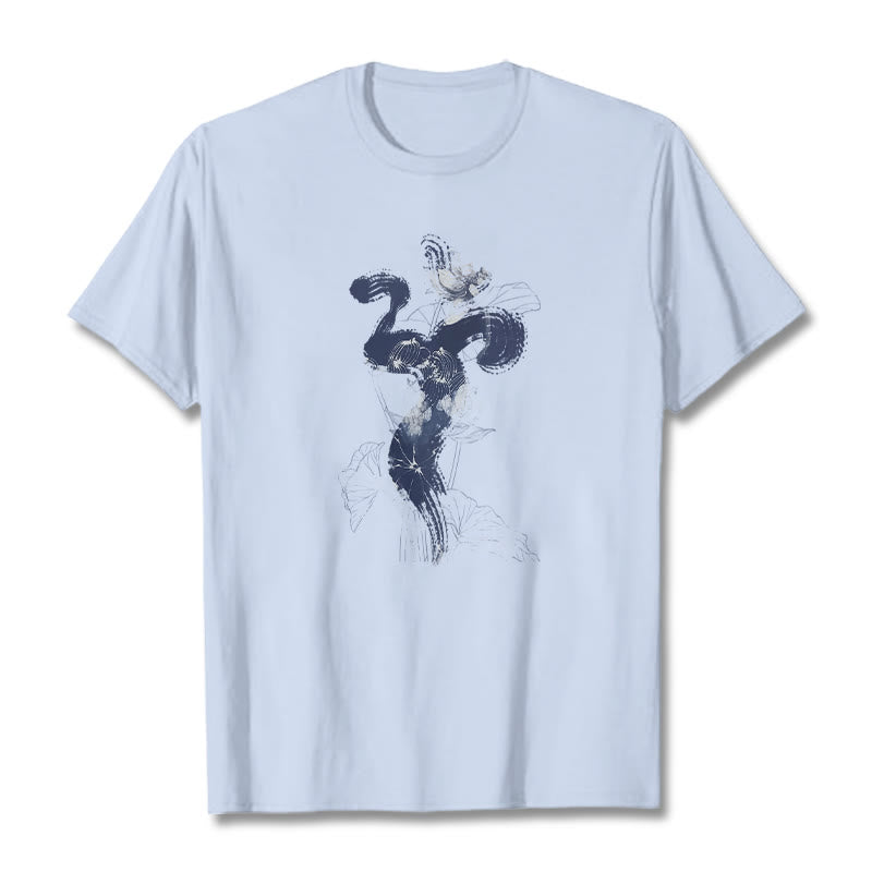 Buddha Stones Maglietta in cotone con sfondo di fiori di loto OM - Ciano chiaro - 2XL - image 19