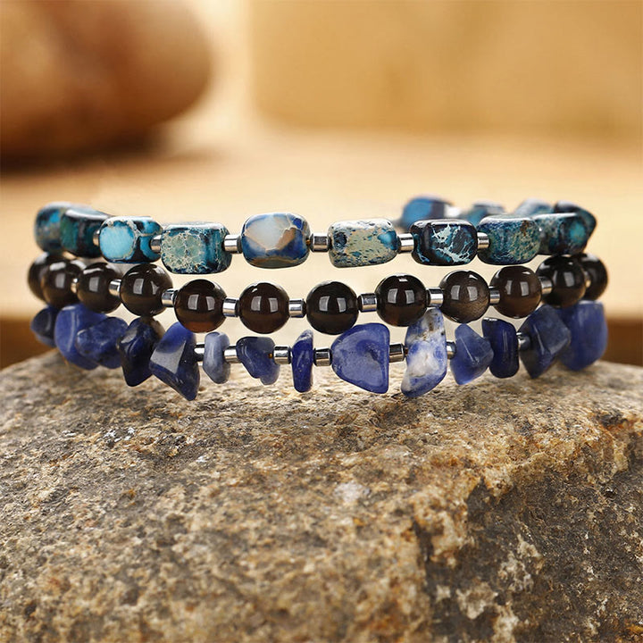Braccialetto triplo giro Buddha Stones Emperor Stone Sodalite Oro Lucente Ossidiana