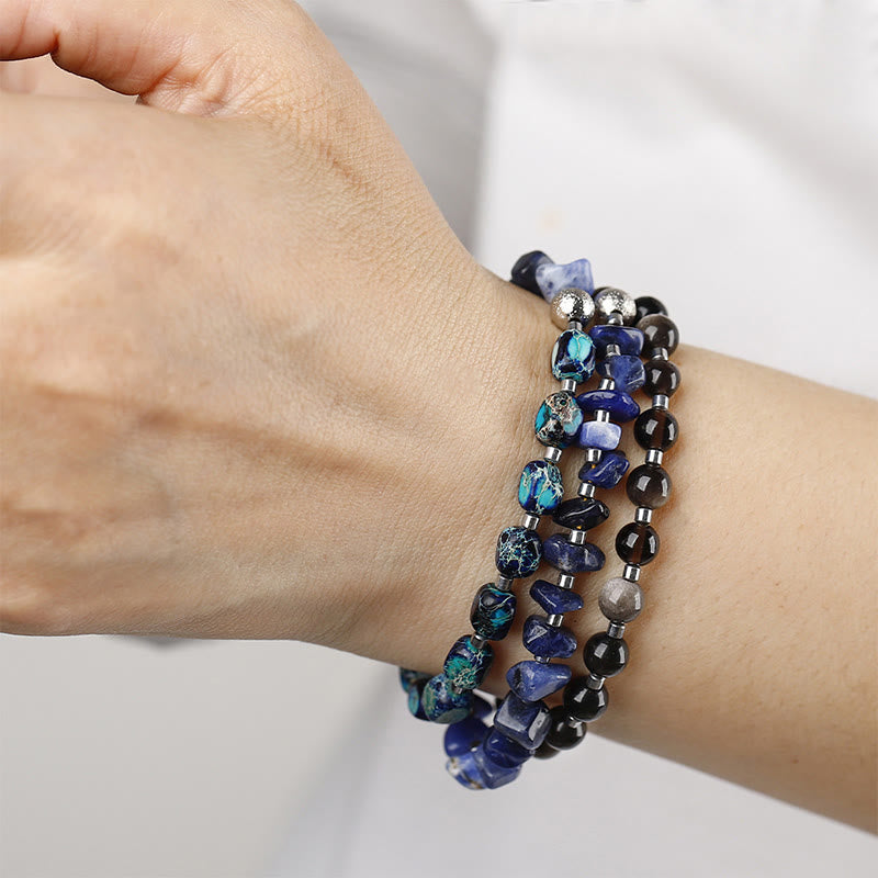 Braccialetto triplo giro Buddha Stones Emperor Stone Sodalite Oro Lucente Ossidiana