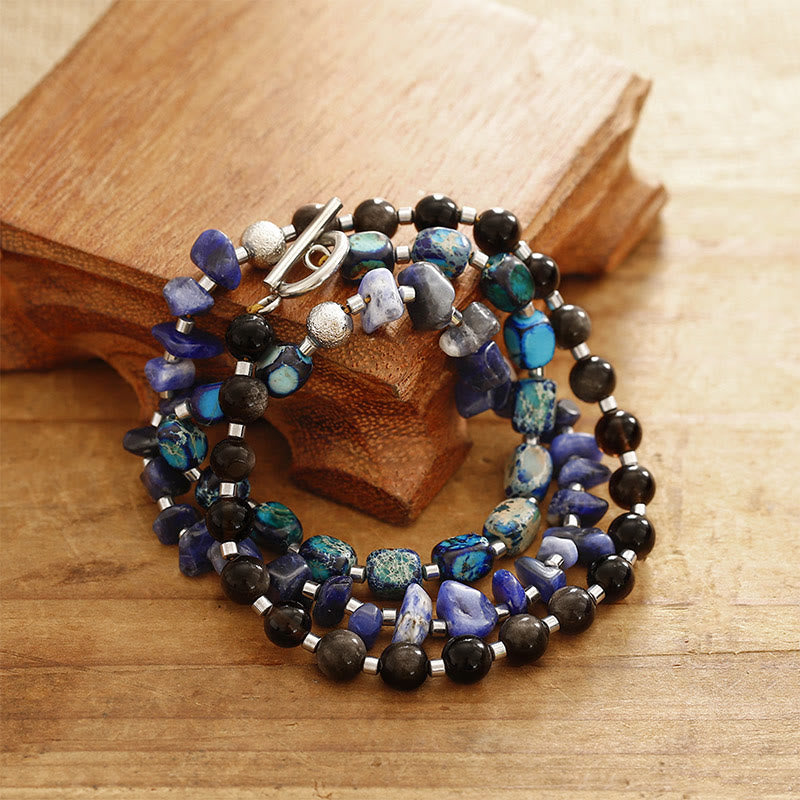 Braccialetto triplo giro Buddha Stones Emperor Stone Sodalite Oro Lucente Ossidiana