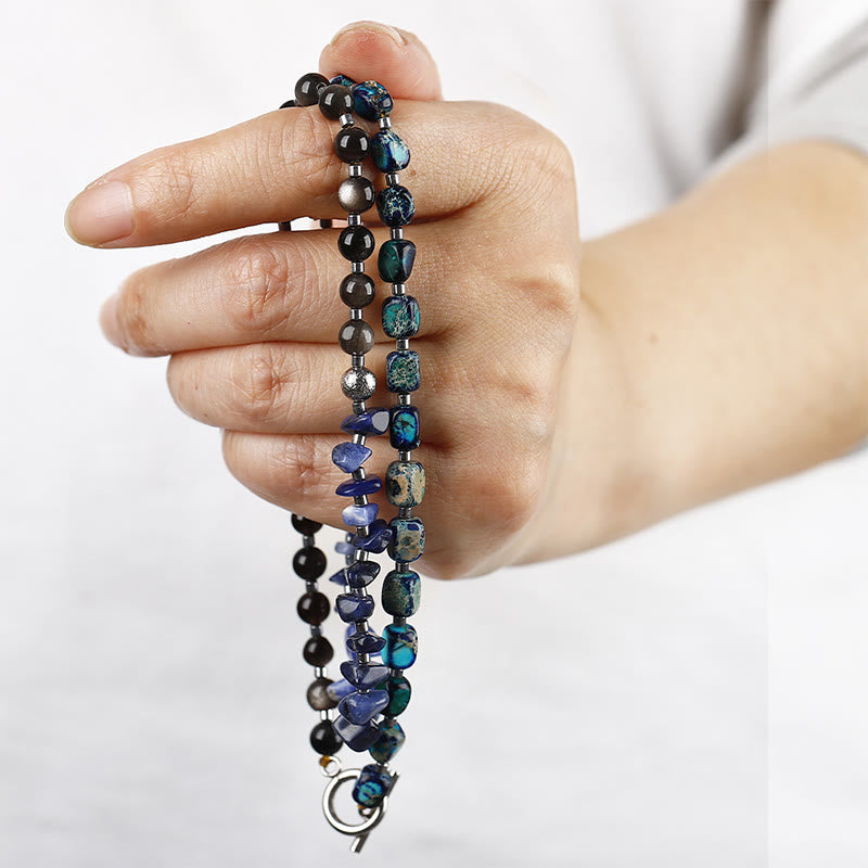 Braccialetto triplo giro Buddha Stones Emperor Stone Sodalite Oro Lucente Ossidiana
