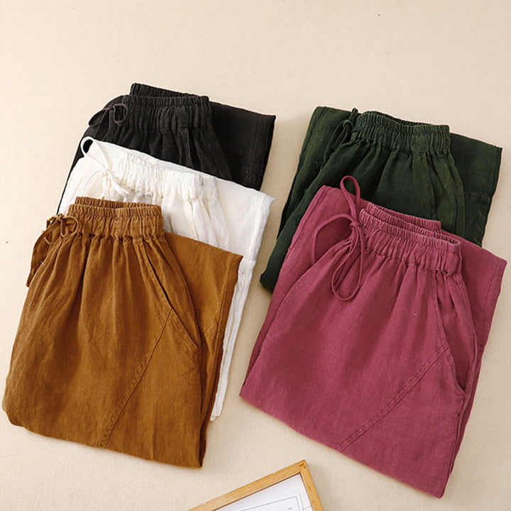 Pantaloni harem con coulisse e elastico in vita in lino con tasche, estate da donna , Buddha Stones - image 1