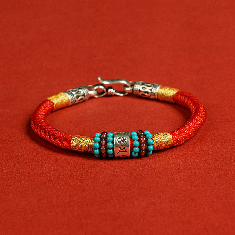 Bracciale di collegamento in argento sterling 925 con sei parole vere, corda rossa e corda nera Buddha Stones - Rosso - 19 centimetri - image 1