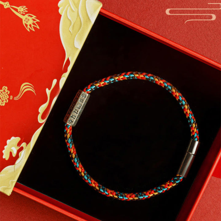 Braccialetto della fortuna in argento sterling 925 con sei parole vere, corda rossa e corda nera Buddha Stones