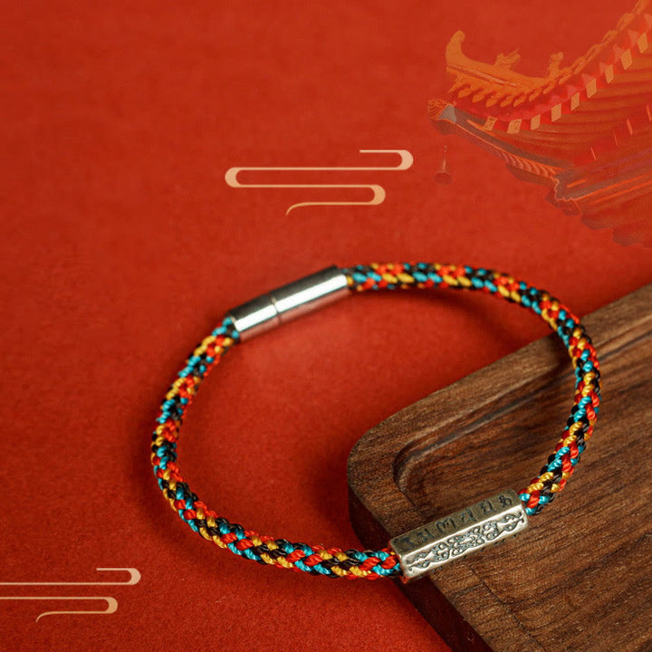Braccialetto della fortuna in argento sterling 925 con sei parole vere, corda rossa e corda nera Buddha Stones