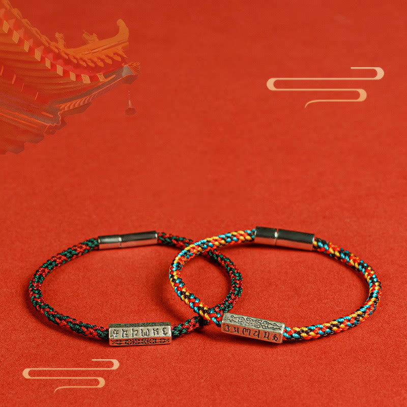 Braccialetto della fortuna in argento sterling 925 con sei parole vere, corda rossa e corda nera Buddha Stones