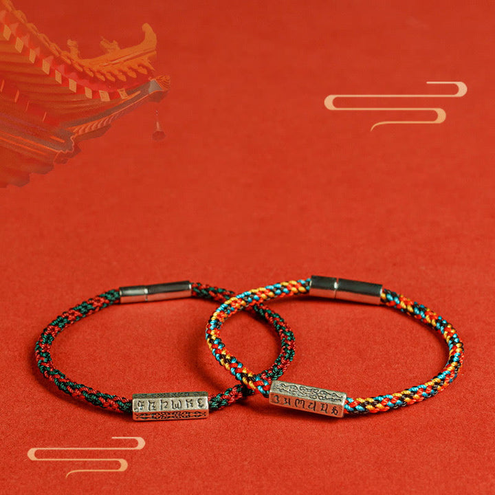 Braccialetto della fortuna in argento sterling 925 con sei parole vere, corda rossa e corda nera Buddha Stones