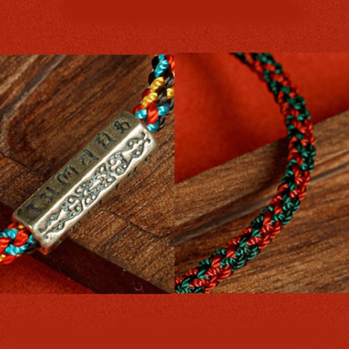 Braccialetto della fortuna in argento sterling 925 con sei parole vere, corda rossa e corda nera Buddha Stones
