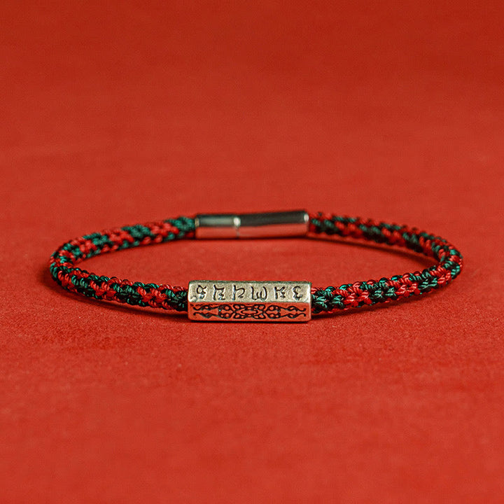 Braccialetto della fortuna in argento sterling 925 con sei parole vere, corda rossa e corda nera Buddha Stones - Rosso Verde - 19 centimetri - image 1
