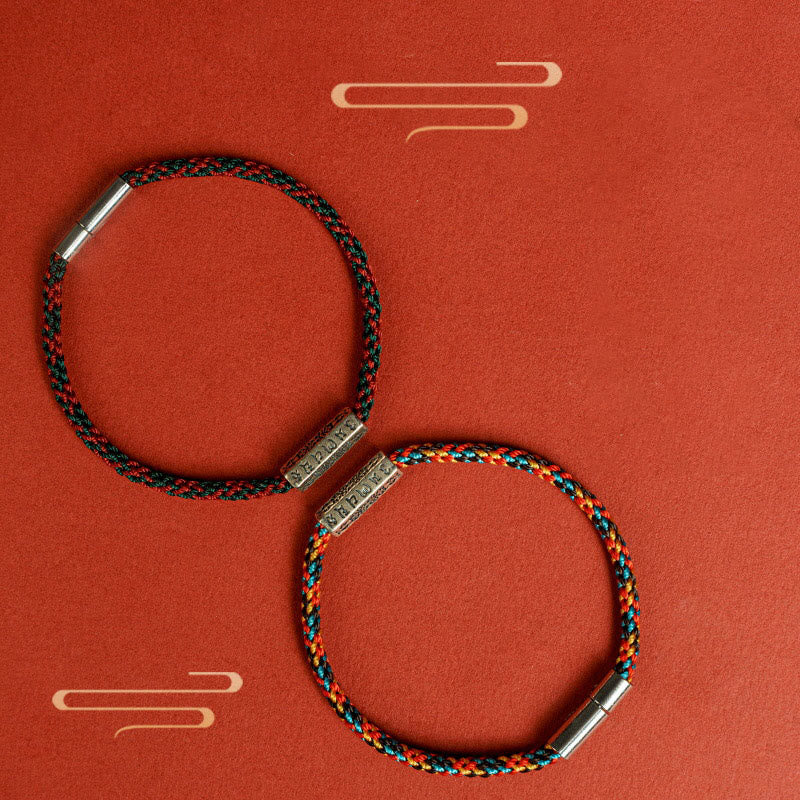 Braccialetto della fortuna in argento sterling 925 con sei parole vere, corda rossa e corda nera Buddha Stones