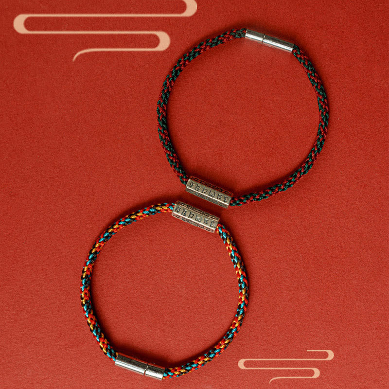 Braccialetto della fortuna in argento sterling 925 con sei parole vere, corda rossa e corda nera Buddha Stones