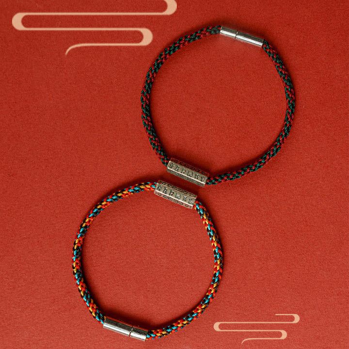 Braccialetto della fortuna in argento sterling 925 con sei parole vere, corda rossa e corda nera Buddha Stones