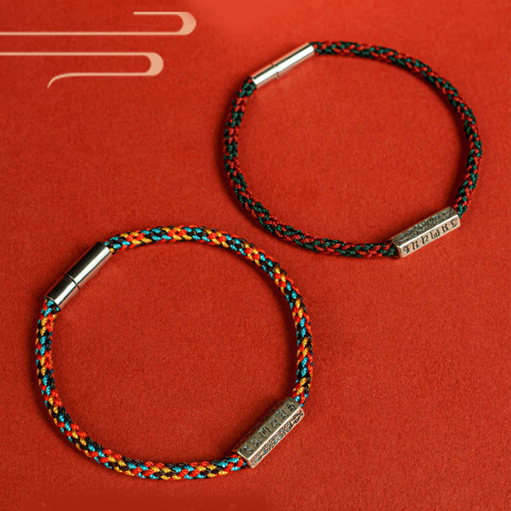 Braccialetto della fortuna in argento sterling 925 con sei parole vere, corda rossa e corda nera Buddha Stones