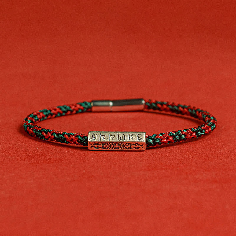 Braccialetto della fortuna in argento sterling 925 con sei parole vere, corda rossa e corda nera Buddha Stones