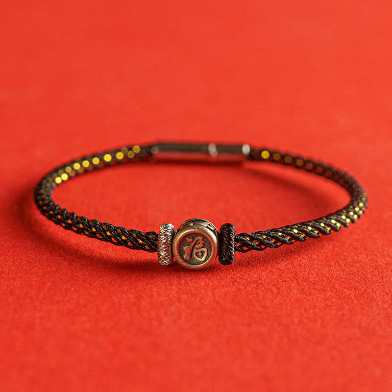 Braccialetto della fede con carattere Fu in argento sterling 925 Buddha Stones intrecciate