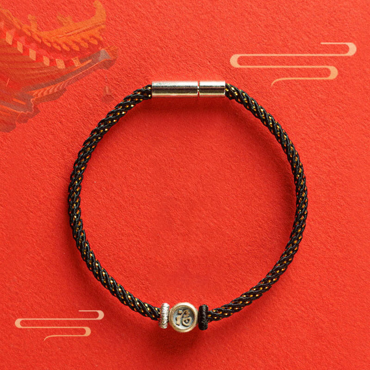 Braccialetto della fede con carattere Fu in argento sterling 925 Buddha Stones intrecciate