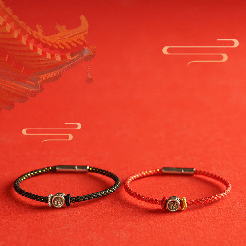 Braccialetto della fede con carattere Fu in argento sterling 925 Buddha Stones intrecciate