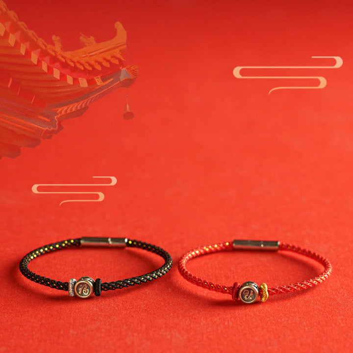 Braccialetto della fede con carattere Fu in argento sterling 925 Buddha Stones intrecciate