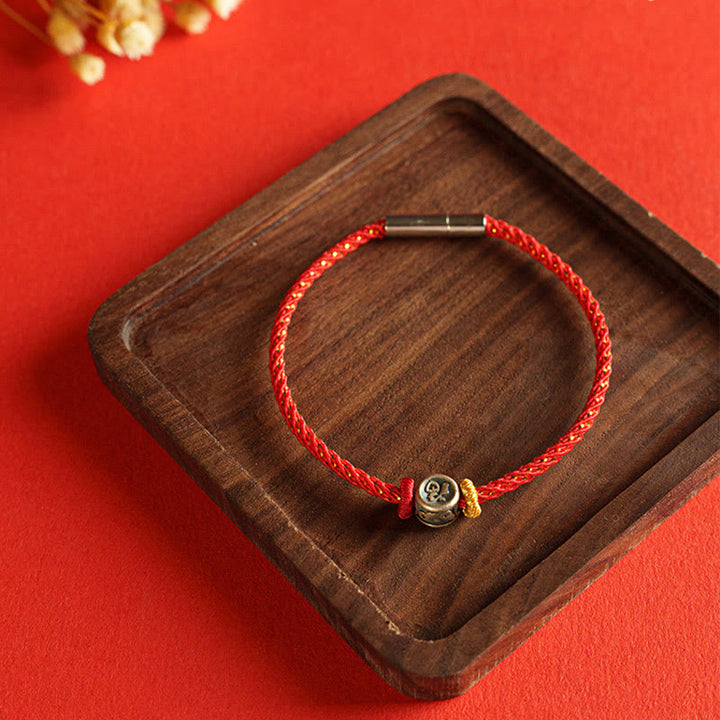 Braccialetto della fede con carattere Fu in argento sterling 925 Buddha Stones intrecciate