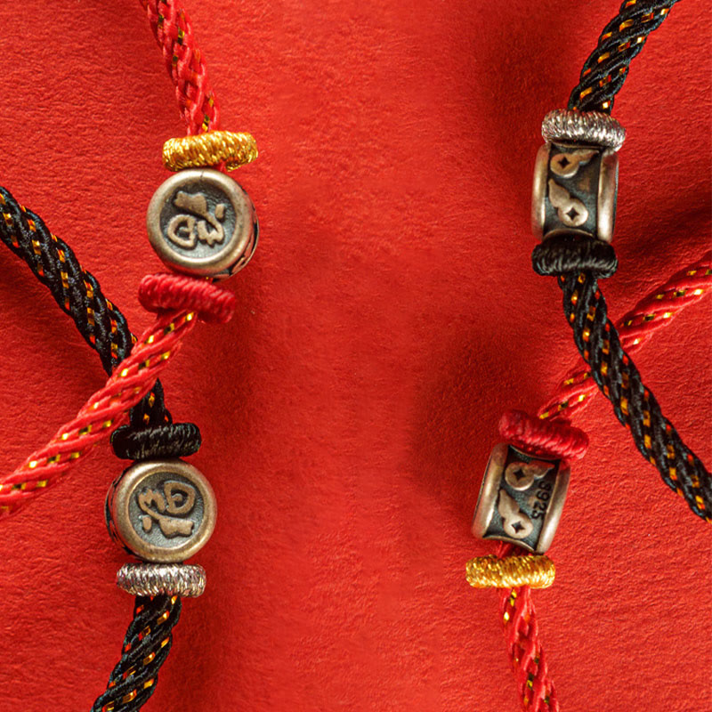 Braccialetto della fede con carattere Fu in argento sterling 925 Buddha Stones intrecciate