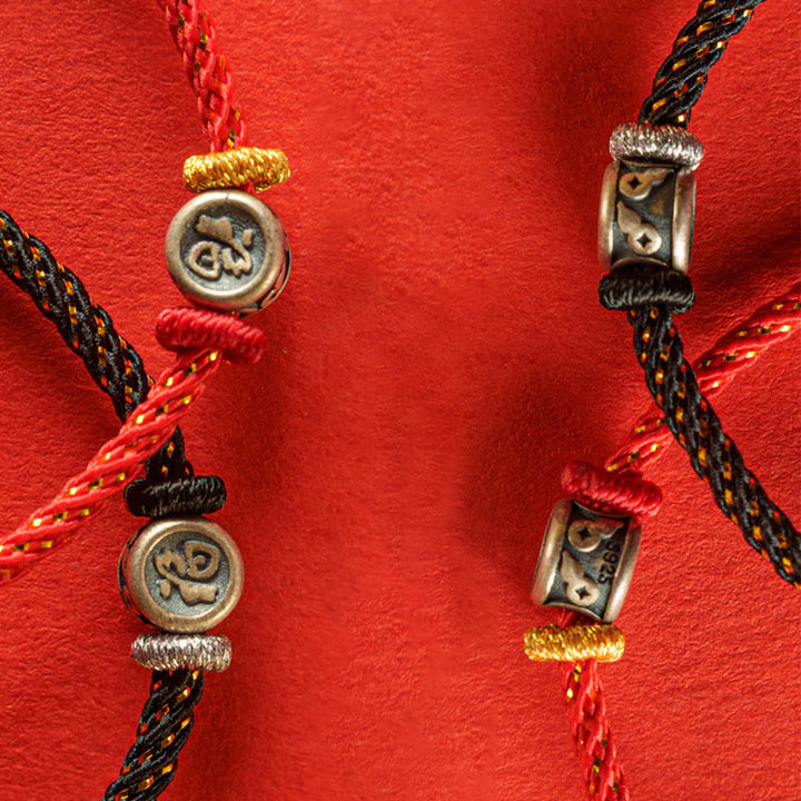 Braccialetto della fede con carattere Fu in argento sterling 925 Buddha Stones intrecciate