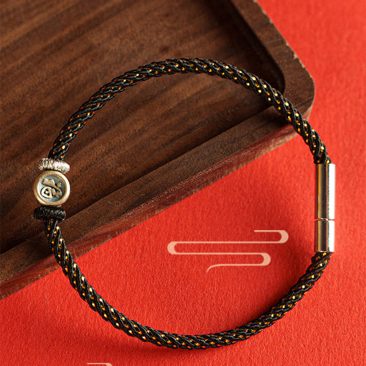 Braccialetto della fede con carattere Fu in argento sterling 925 Buddha Stones intrecciate
