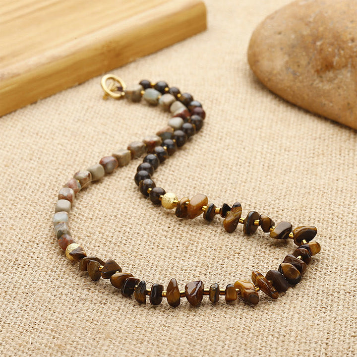 Buddha Stones Bronzite Pietra dell'Imperatore Occhio di Tigre Determinazione Bracciale Triplo Avvolgimento