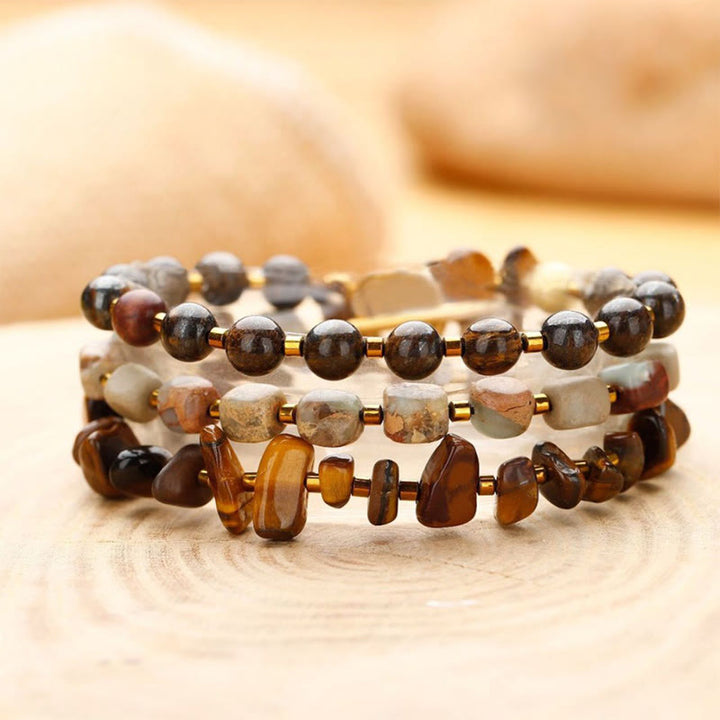Buddha Stones Bronzite Pietra dell'Imperatore Occhio di Tigre Determinazione Bracciale Triplo Avvolgimento