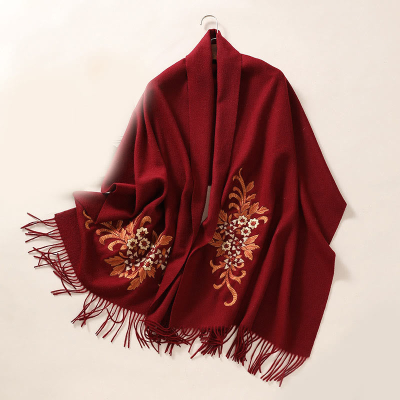Scialle di lana con Buddha Stones , ricamo di begonia, nappa, sciarpa da viaggio invernale e calda - Rosso scuro - 200*60 cm - image 11
