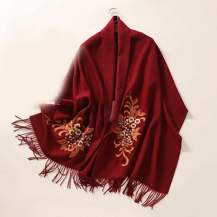 Scialle di lana con Buddha Stones , ricamo di begonia, nappa, sciarpa da viaggio invernale e calda - Rosso scuro - 200*60 cm - image 11
