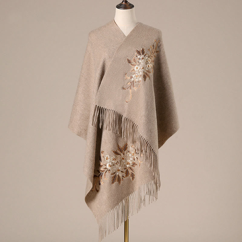 Scialle di lana con Buddha Stones , ricamo di begonia, nappa, sciarpa da viaggio invernale e calda - Abbronzatura - 200*60 cm - image 0