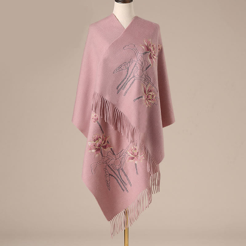 Scialle di lana con Buddha Stones e ricamo di loto, nappa, sciarpa da viaggio invernale e calda - Corallo chiaro - 200*60 cm - image 3