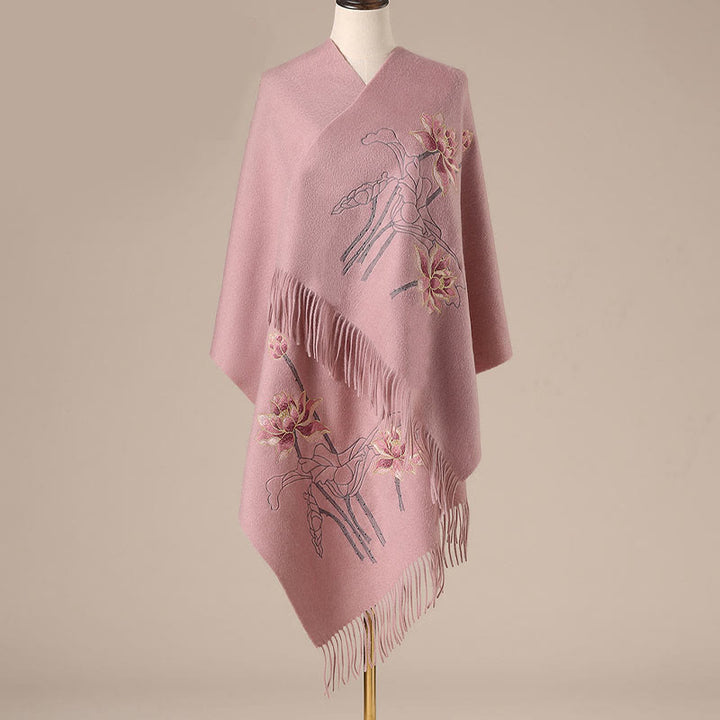 Scialle di lana con Buddha Stones e ricamo di loto, nappa, sciarpa da viaggio invernale e calda - Corallo chiaro - 200*60 cm - image 3