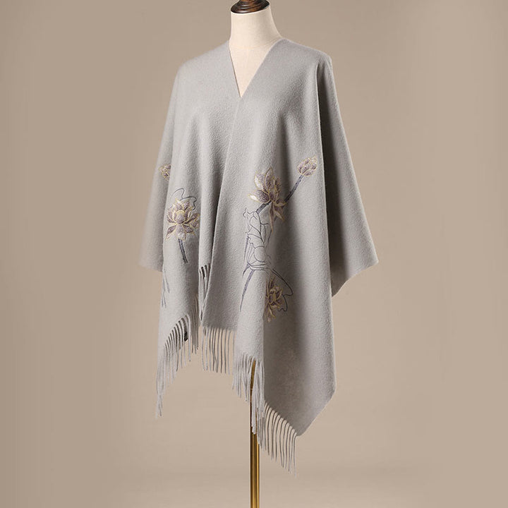 Scialle di lana con Buddha Stones e ricamo di loto, nappa, sciarpa da viaggio invernale e calda - image 1