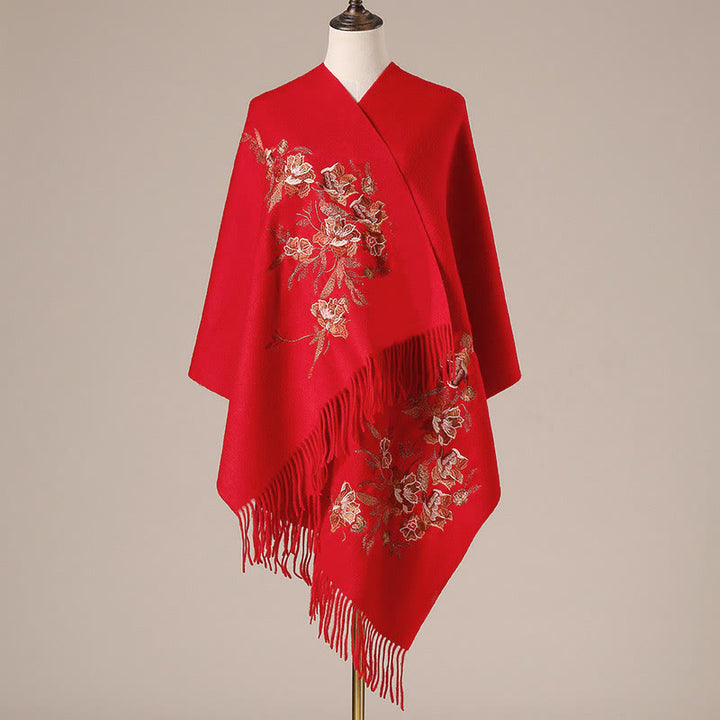 Buddha Stones, fiori, foglie, ricami, nappa, sciarpa da viaggio invernale e accogliente - Rosso - 200*60 cm - image 0
