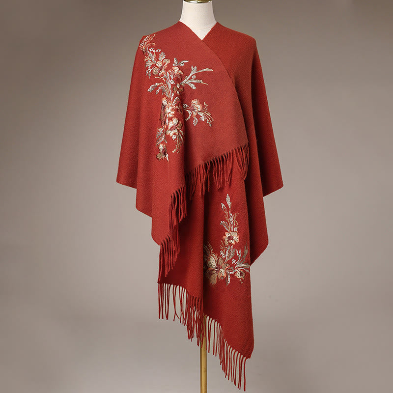 Buddha Stones , fiore rosso, paillettes dorate, ricamo con nappa, sciarpa da viaggio invernale e calda