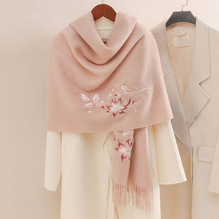 Scialle di lana con Buddha Stones , rosa, bianco, con ricamo a forma di fiore, con nappa, invernale, comodo, da viaggio