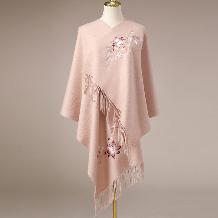 Scialle di lana con Buddha Stones , rosa, bianco, con ricamo a forma di fiore, con nappa, invernale, comodo, da viaggio