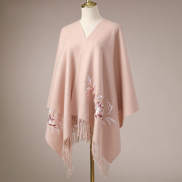 Scialle di lana con Buddha Stones , rosa, bianco, con ricamo a forma di fiore, con nappa, invernale, comodo, da viaggio