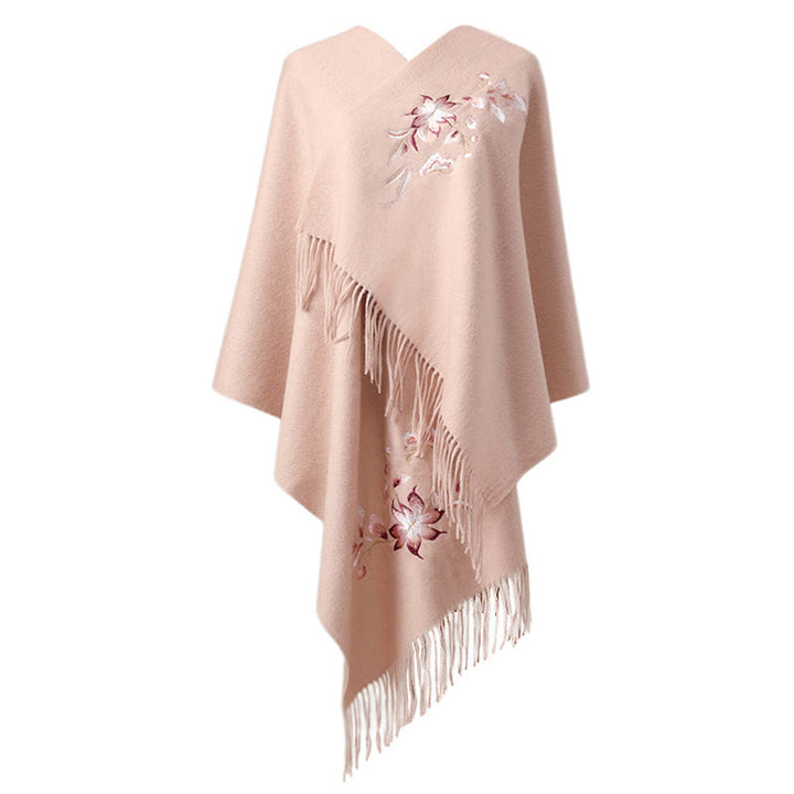 Scialle di lana con Buddha Stones , rosa, bianco, con ricamo a forma di fiore, con nappa, invernale, comodo, da viaggio